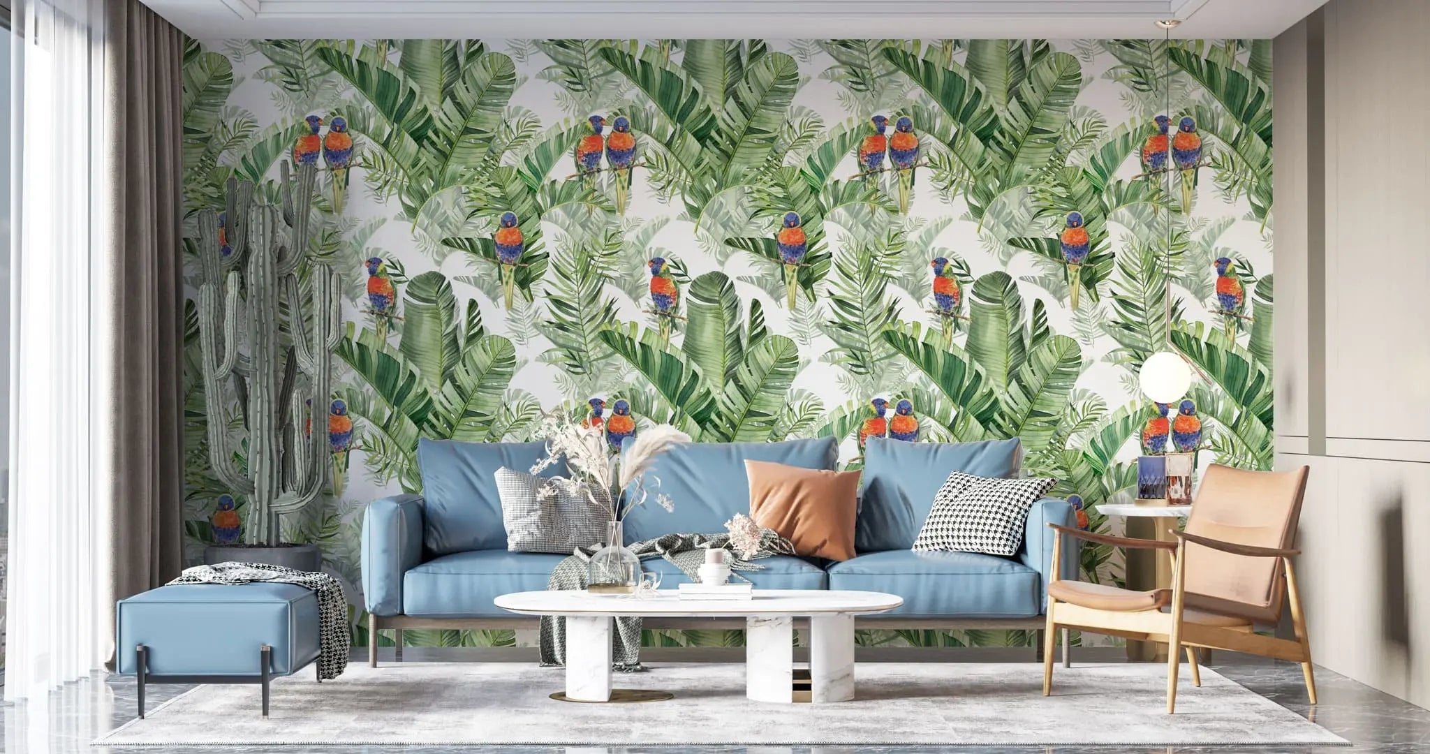 Tapet personalizat tropical cu pasari tropicale colorate printre frunze verzi de palmier tropical palm exotic birds