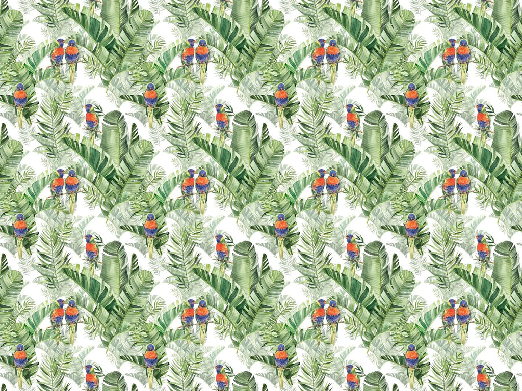 Tapet personalizat tropical cu pasari tropicale colorate printre frunze verzi de palmier tropical palm exotic birds