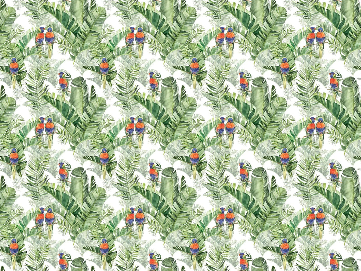 Tapet personalizat tropical cu pasari tropicale colorate printre frunze verzi de palmier tropical palm exotic birds