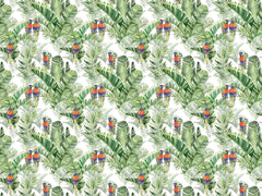 Tapet personalizat tropical cu pasari tropicale colorate printre frunze verzi de palmier tropical palm exotic birds