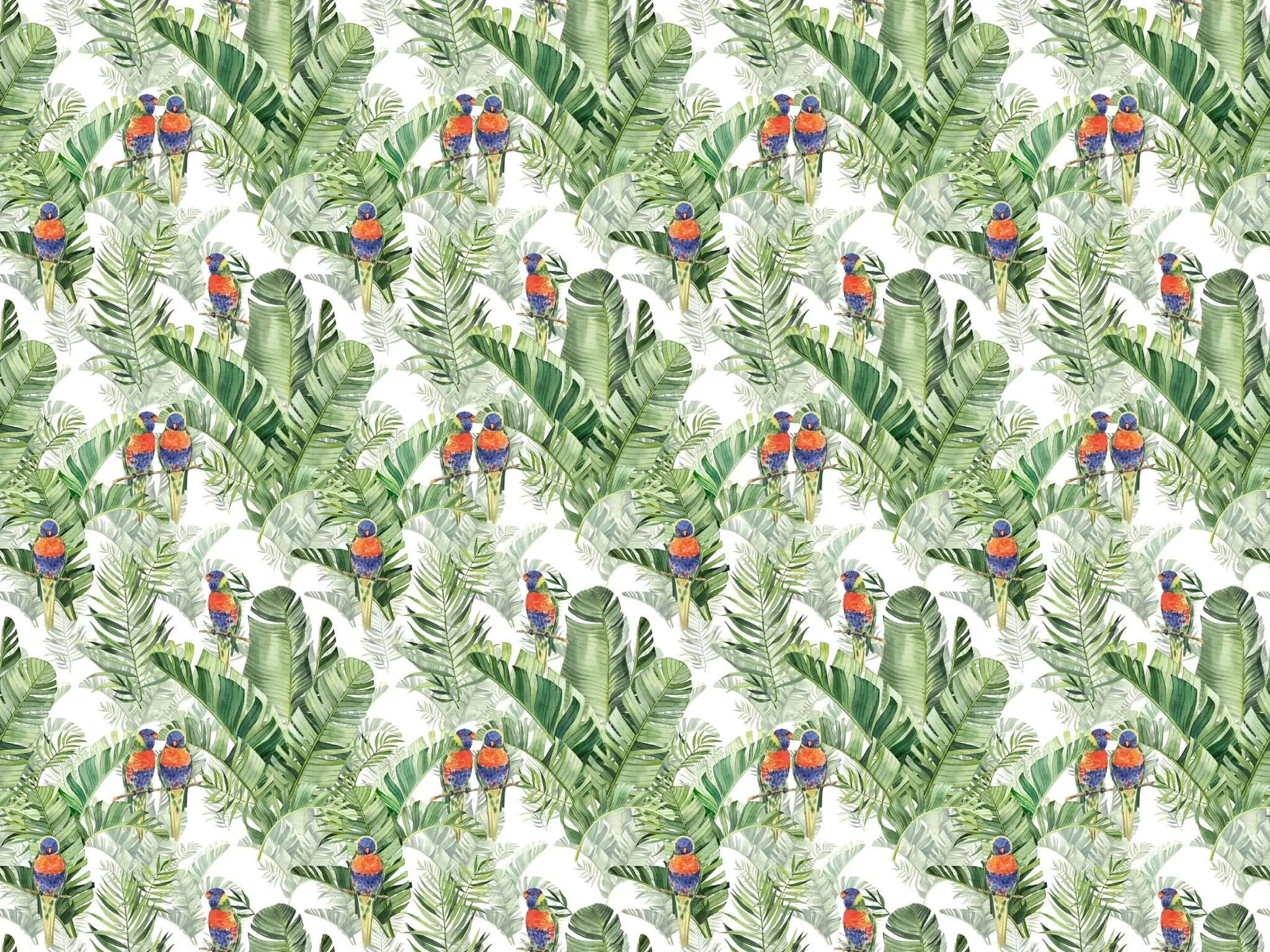 Tapet personalizat tropical cu pasari tropicale colorate printre frunze verzi de palmier tropical palm exotic birds