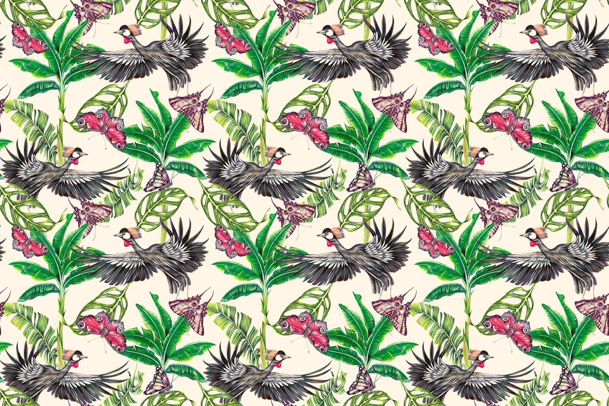 Tapet personalizat tropical cu fluturi si pasari roz printre frunze verzi tropicale pe un fundal deschis pink butterlflies