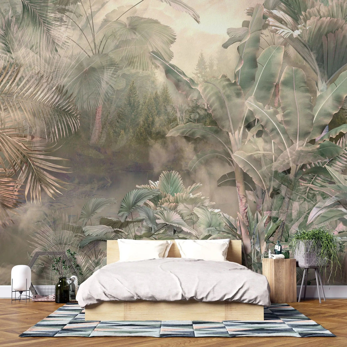 Tapet personalizat tropical cu jungla tropicala aflata in ceata in nuante rozalii rose jungle
