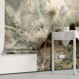 Tapet personalizat tropical cu jungla tropicala aflata in ceata in nuante rozalii rose jungle