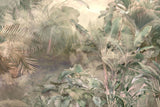 Tapet personalizat tropical cu jungla tropicala aflata in ceata in nuante rozalii rose jungle