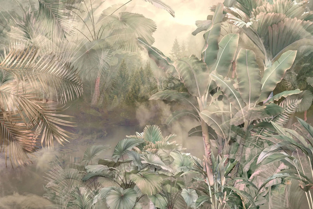 Tapet personalizat tropical cu jungla tropicala aflata in ceata in nuante rozalii rose jungle