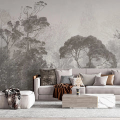 Tapet personalizat tropical cu jungla tropicala in nuante de gri si ceata grey safari