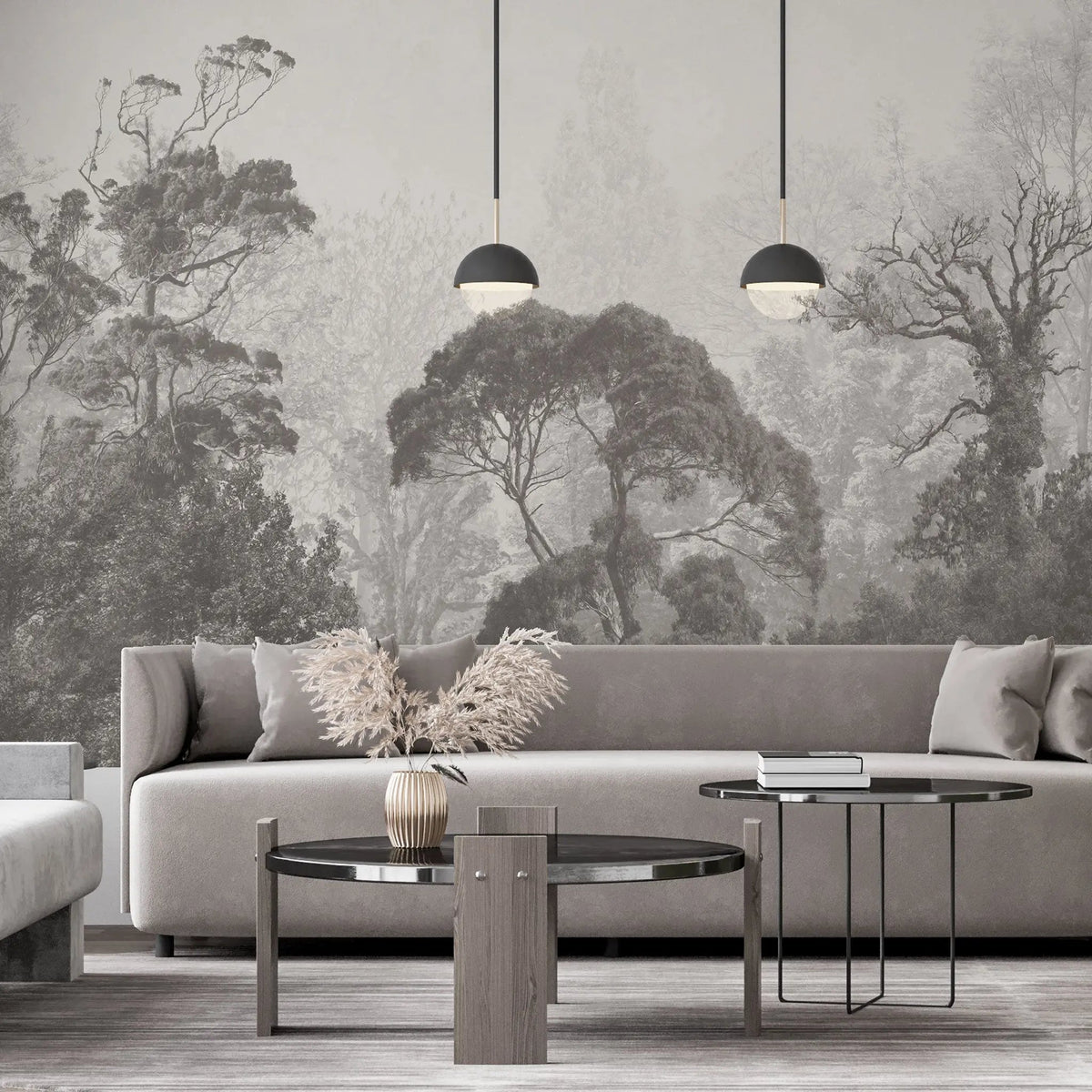 Tapet personalizat tropical cu jungla tropicala in nuante de gri si ceata grey safari