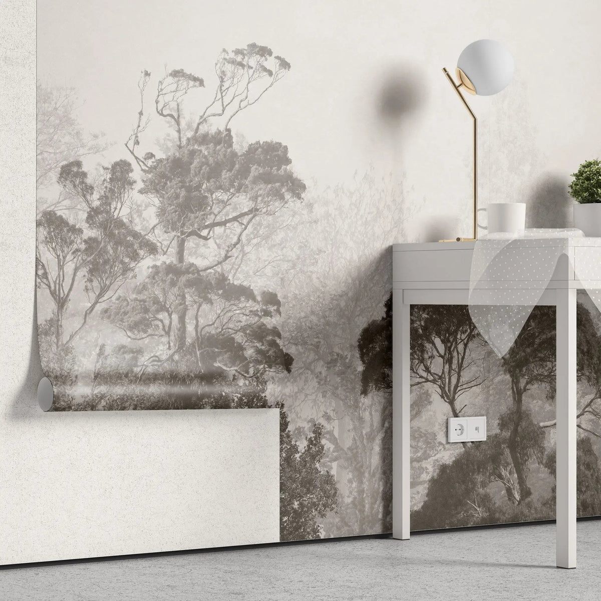 Tapet personalizat tropical cu jungla tropicala in nuante de gri si ceata grey safari