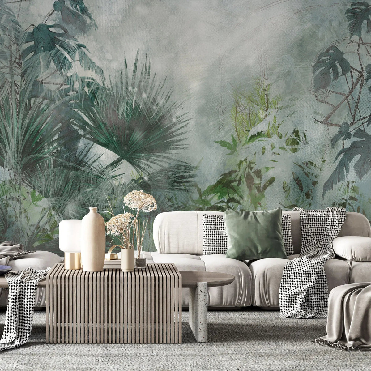Tapet personalizat tropical cu jungla tropicala in nuante intense de verde cyan deep cyan jungle