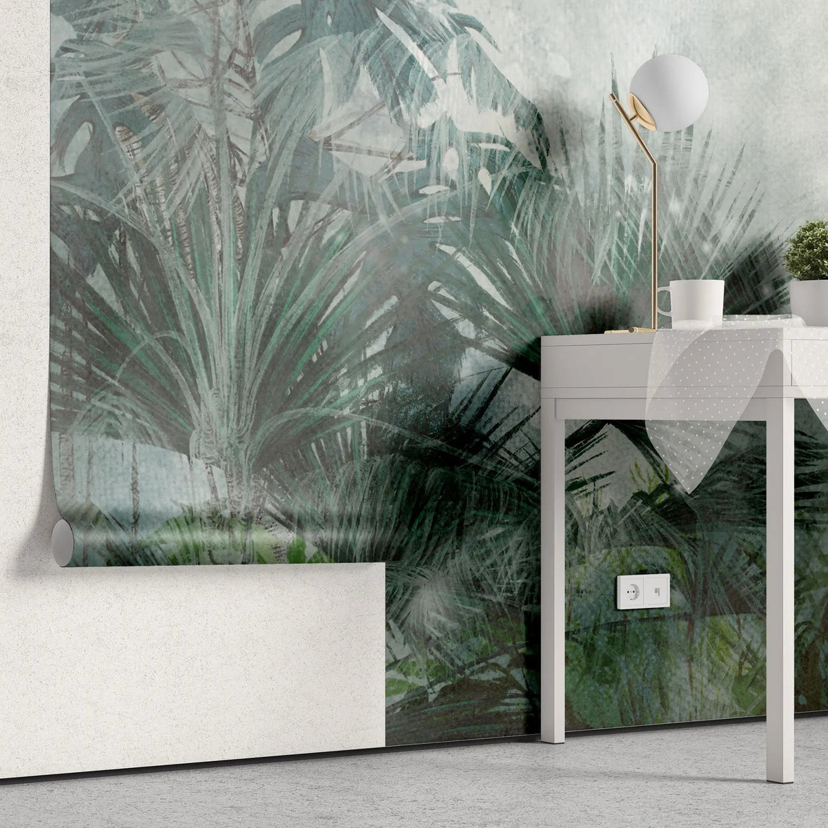 Tapet personalizat tropical cu jungla tropicala in nuante intense de verde cyan deep cyan jungle