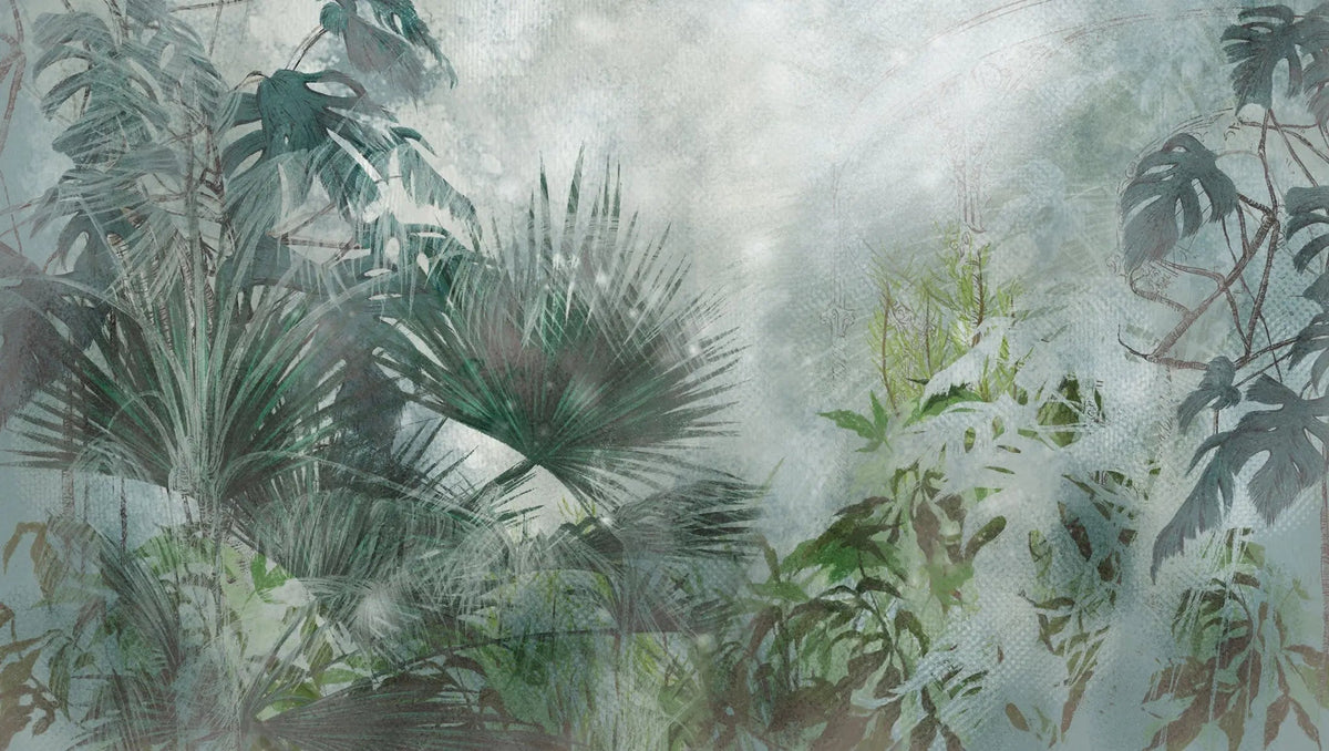 Tapet personalizat tropical cu jungla tropicala in nuante intense de verde cyan deep cyan jungle