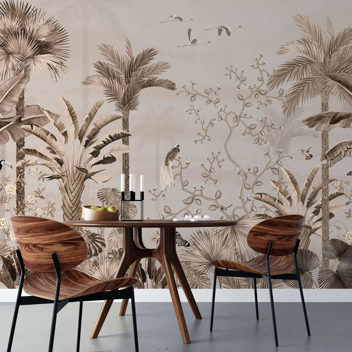 Tapet personalizat tropical cu jungla tropicala in nuante de roz cu plante si pasari orientale pink oriental jungle