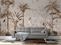 Tapet personalizat tropical cu jungla tropicala in nuante de roz cu plante si pasari orientale pink oriental jungle