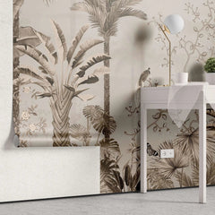 Tapet personalizat tropical cu jungla tropicala in nuante de roz cu plante si pasari orientale pink oriental jungle
