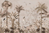 Tapet personalizat tropical cu jungla tropicala in nuante de roz cu plante si pasari orientale pink oriental jungle