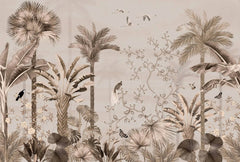 Tapet personalizat tropical cu jungla tropicala in nuante de roz cu plante si pasari orientale pink oriental jungle
