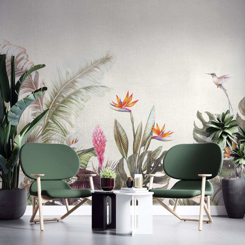Tapet personalizat tropical cu jungla tropicala in nuante de verde portocaliu si roz aesthetic jungle