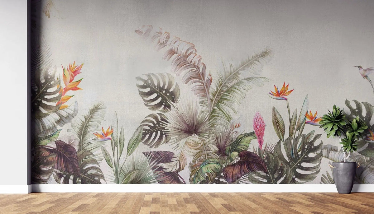 Tapet personalizat tropical cu jungla tropicala in nuante de verde portocaliu si roz aesthetic jungle