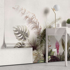 Tapet personalizat tropical cu jungla tropicala in nuante de verde portocaliu si roz aesthetic jungle