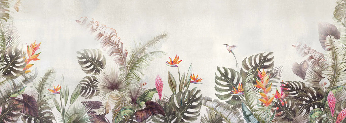 Tapet personalizat tropical cu jungla tropicala in nuante de verde portocaliu si roz aesthetic jungle