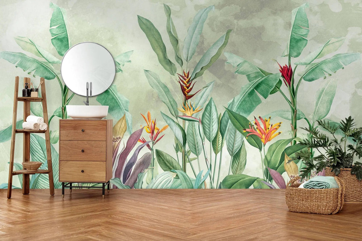 Tapet personalizat tropical cu jungla tropicala in nuante de verde cu plante tropicale tropical dream