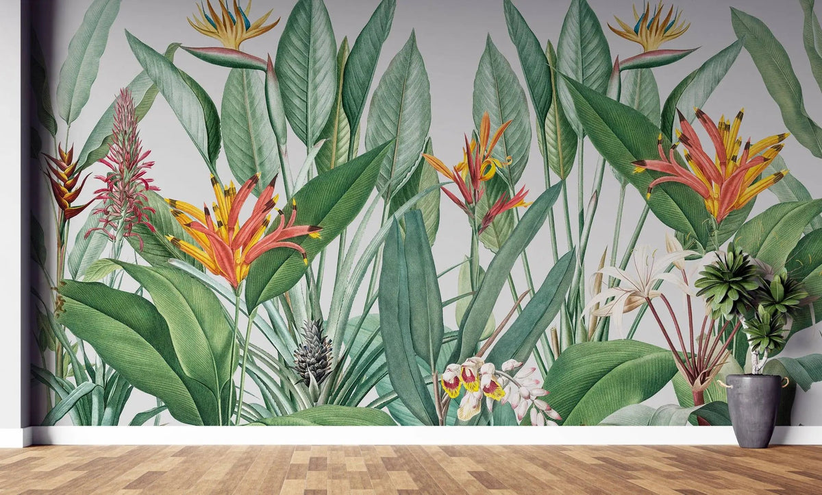 Tapet personalizat tropical cu jungla tropicala in nuante de verde cu plante tropicale tropical paradise
