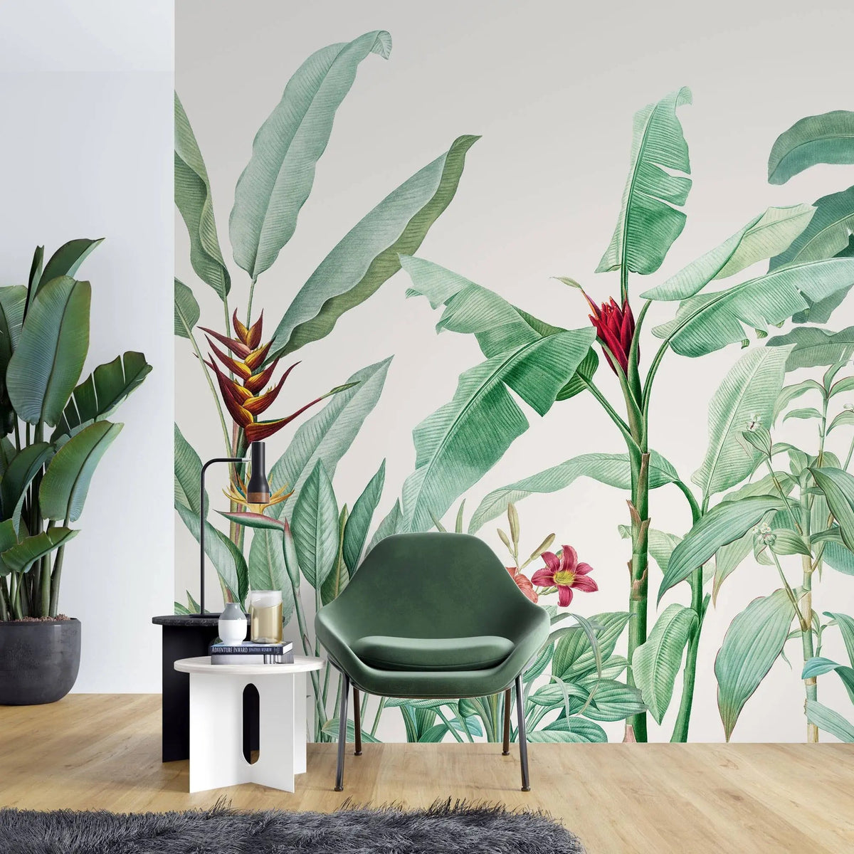 Tapet personalizat tropical cu plante exotice tropicale cu flori in nuante de verde intr un fundal alb tropical cold green