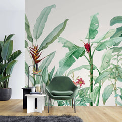 Tapet personalizat tropical cu plante exotice tropicale cu flori in nuante de verde intr un fundal alb tropical cold green