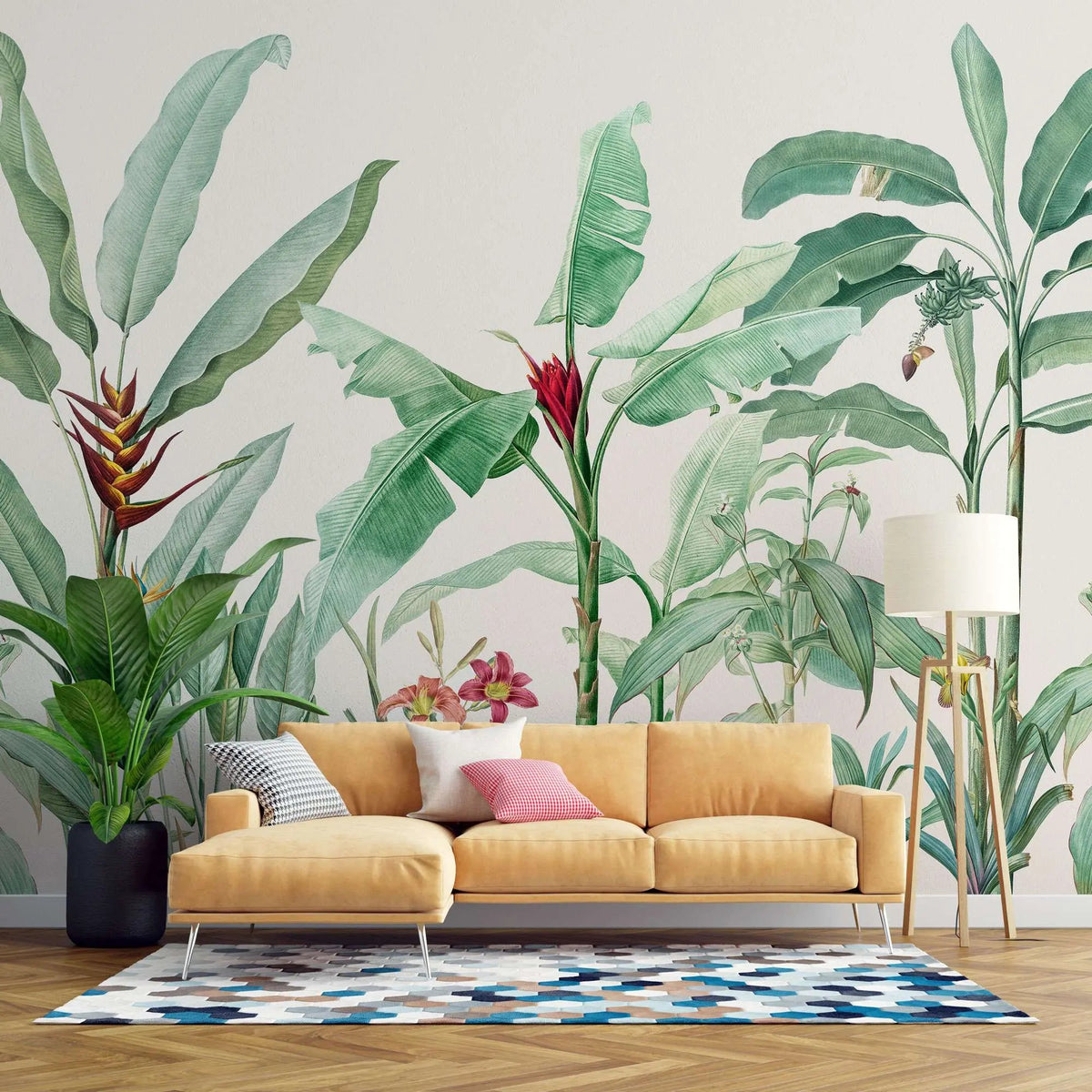 Tapet personalizat tropical cu plante exotice tropicale cu flori in nuante de verde intr un fundal alb tropical cold green
