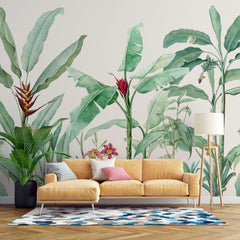 Tapet personalizat tropical cu plante exotice tropicale cu flori in nuante de verde intr un fundal alb tropical cold green