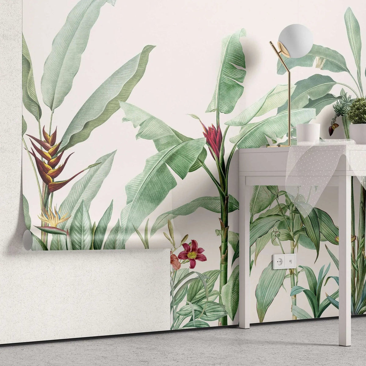Tapet personalizat tropical cu plante exotice tropicale cu flori in nuante de verde intr un fundal alb tropical cold green