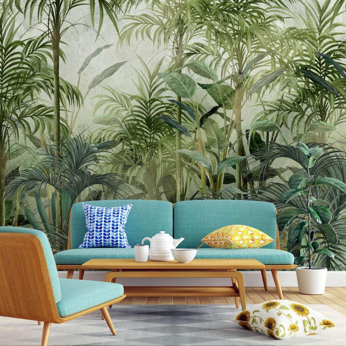 Tapet personalizat tropical cu straturi texturate in nuante vii de verde oferind o senzatie de profunzime si naturalete tropical texture light