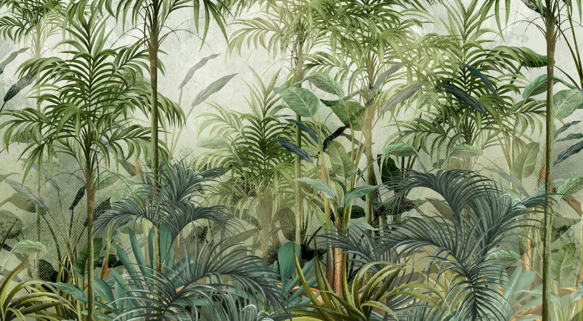 Tapet personalizat tropical cu straturi texturate in nuante vii de verde oferind o senzatie de profunzime si naturalete tropical texture light