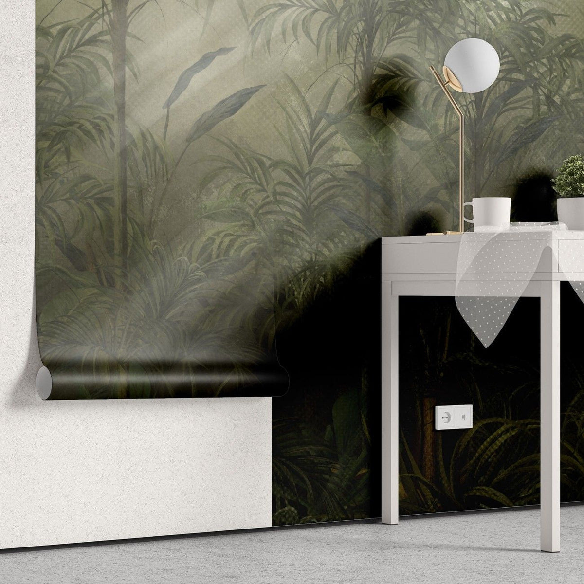 Tapet personalizat tropical cu straturi texturate in nuante vii de verde inchis oferind o senzatie de profunzime si mister tropical texture dark