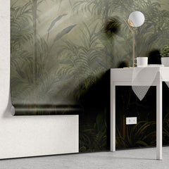 Tapet personalizat tropical cu straturi texturate in nuante vii de verde inchis oferind o senzatie de profunzime si mister tropical texture dark