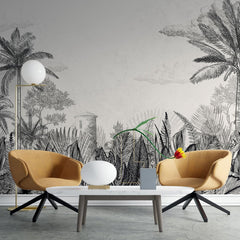 Tapet personalizat tropical cu un sketch de natura tropicala in tonuri neutre oferind un aspect rustic si elegant tropical sketch