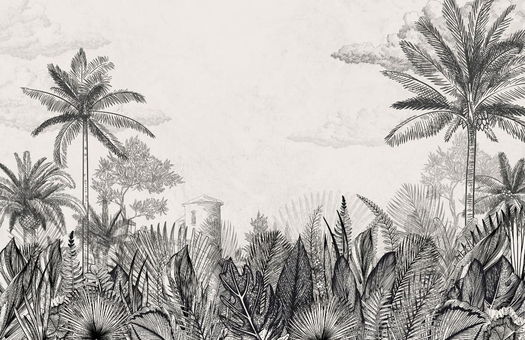 Tapet personalizat tropical cu un sketch de natura tropicala in tonuri neutre oferind un aspect rustic si elegant tropical sketch
