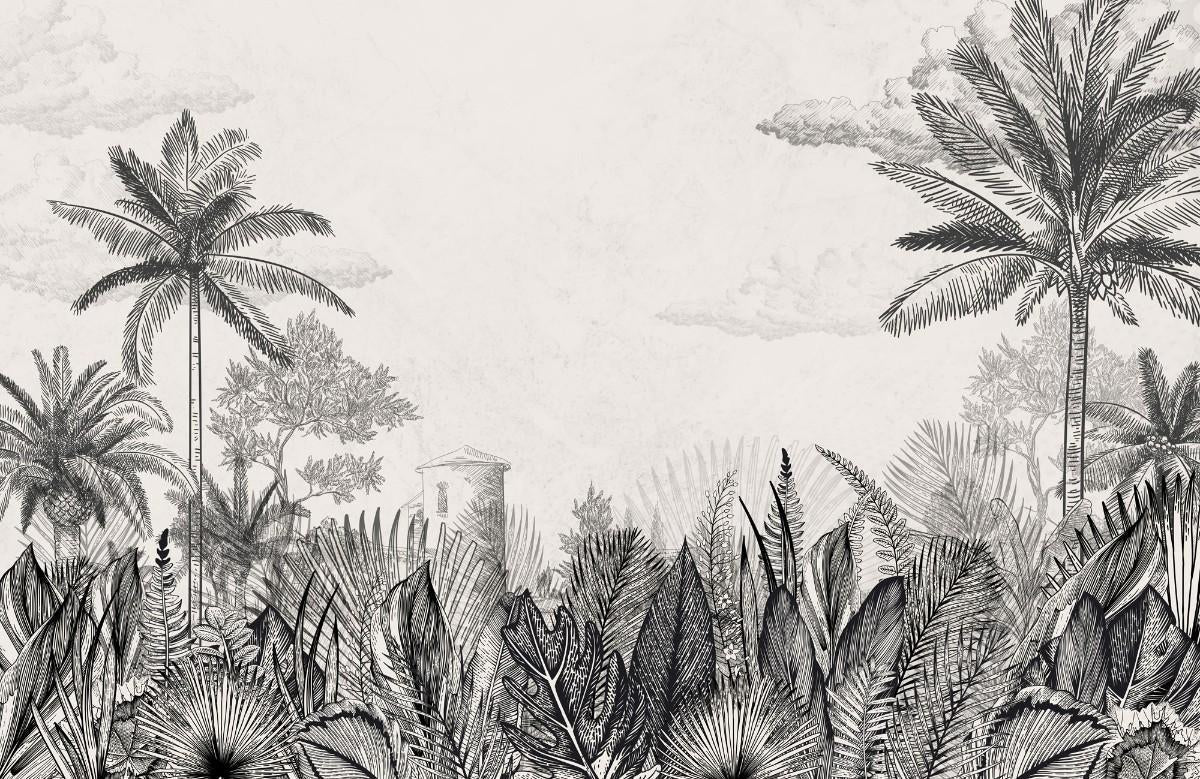 Tapet personalizat tropical cu un sketch de natura tropicala in tonuri neutre oferind un aspect rustic si elegant tropical sketch