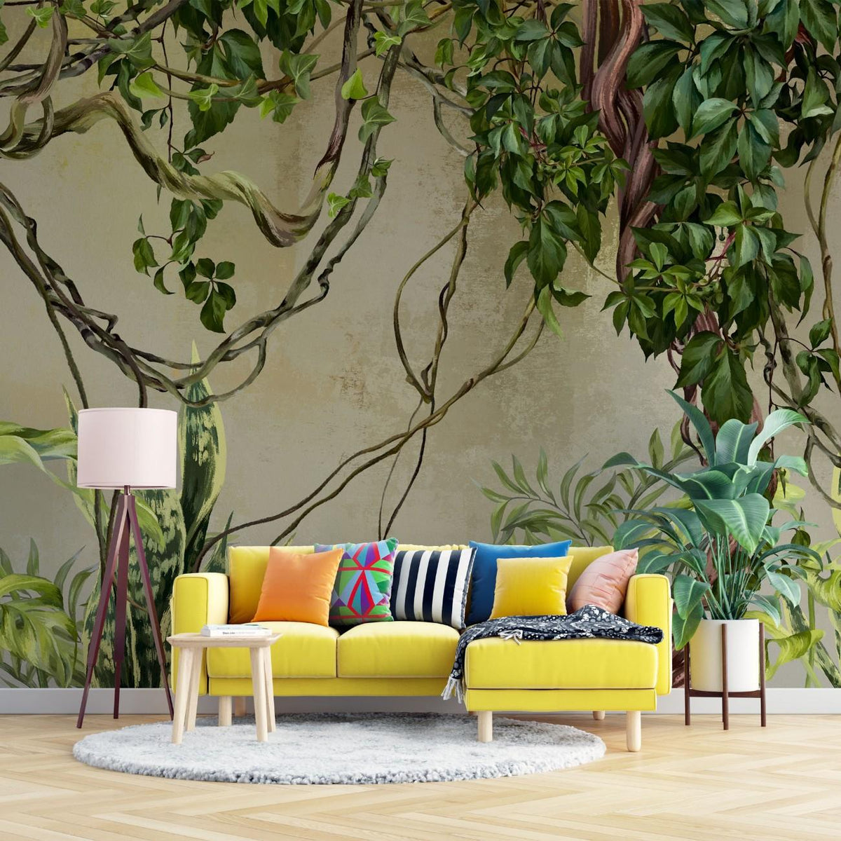 Tapet personalizat tropical cu asamblu de plante tropicale verzi si liane creand un un spatiu plin de prospetime si culoare green vine