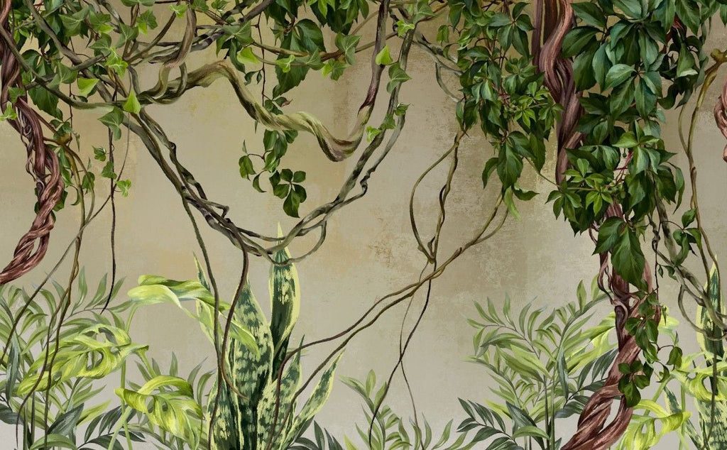 Tapet personalizat tropical cu asamblu de plante tropicale verzi si liane creand un un spatiu plin de prospetime si culoare green vine