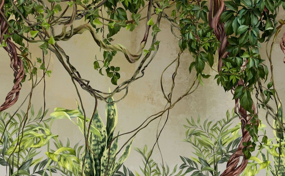 Tapet personalizat tropical cu asamblu de plante tropicale verzi si liane creand un un spatiu plin de prospetime si culoare green vine