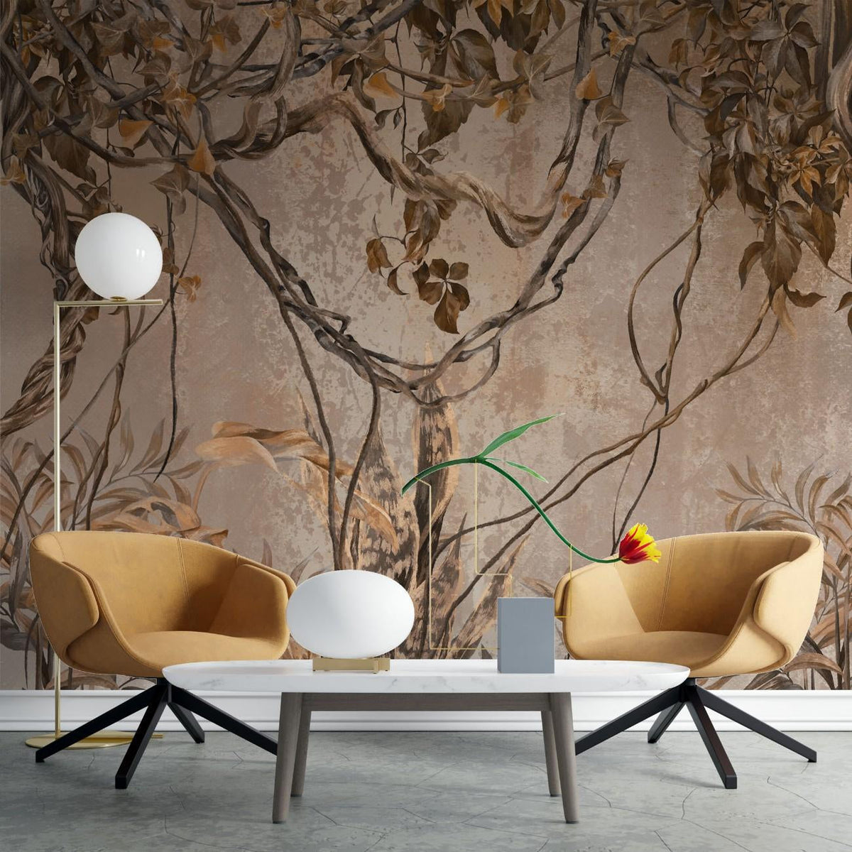 Tapet personalizat tropical cu umbre monocrome maronii de plante tropicale si liane creand un joc subtil de lumina si intuneric sepia vine shadows