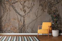 Tapet personalizat tropical cu umbre monocrome maronii de plante tropicale si liane creand un joc subtil de lumina si intuneric sepia vine shadows