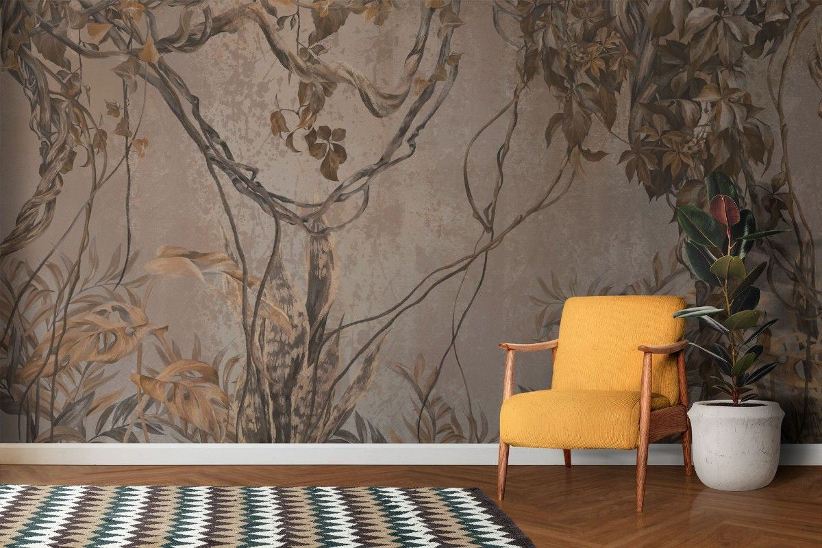 Tapet personalizat tropical cu umbre monocrome maronii de plante tropicale si liane creand un joc subtil de lumina si intuneric sepia vine shadows