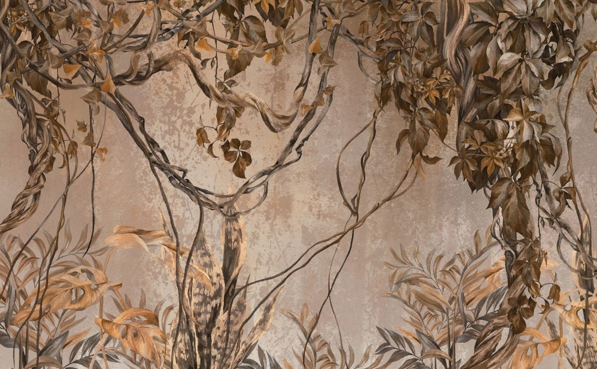 Tapet personalizat tropical cu umbre monocrome maronii de plante tropicale si liane creand un joc subtil de lumina si intuneric sepia vine shadows