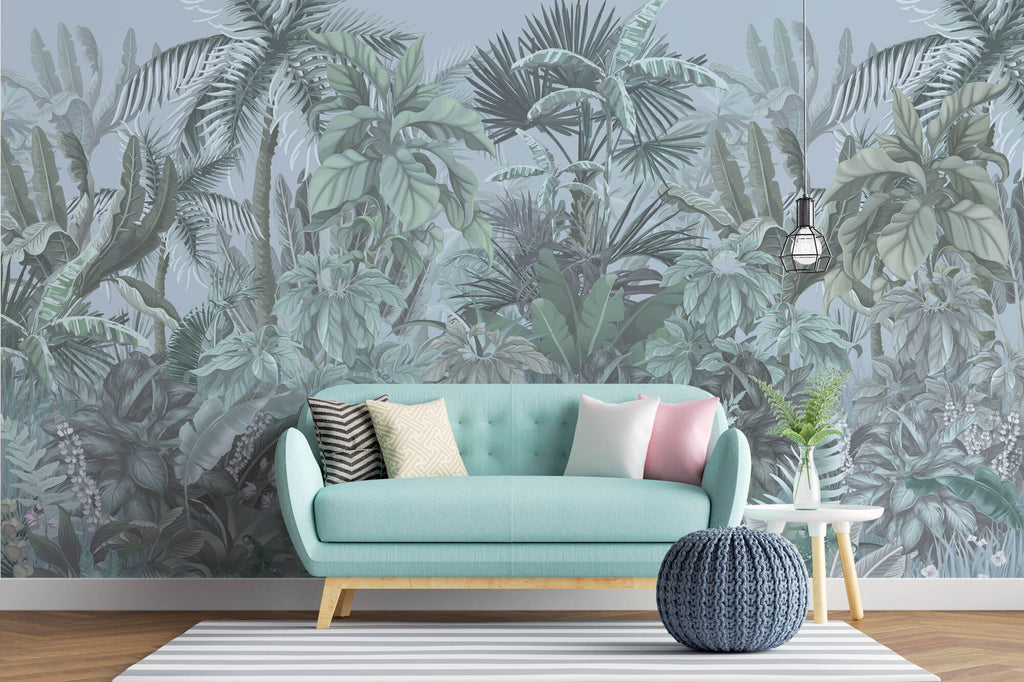 Tapet personalizat Tropical cu plante tropicale intr-un fundal albastru - BLUE TINTED JUNGLE