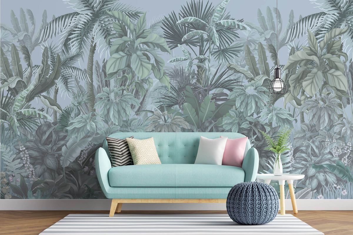 Tapet personalizat Tropical cu plante tropicale intr-un fundal albastru - BLUE TINTED JUNGLE