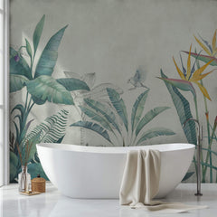 Tapet personalizat Tropical cu plante tropicale in nuante de verde si fundal bej - PARADISE TROPIC SKETCH