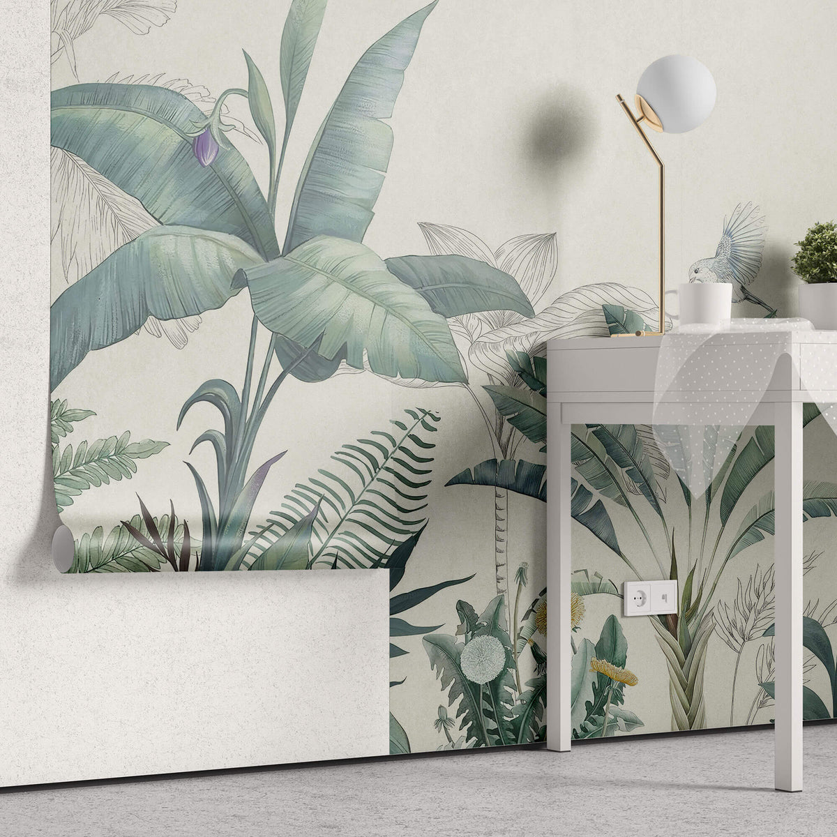 Tapet personalizat Tropical cu plante tropicale in nuante de verde si fundal bej - PARADISE TROPIC SKETCH